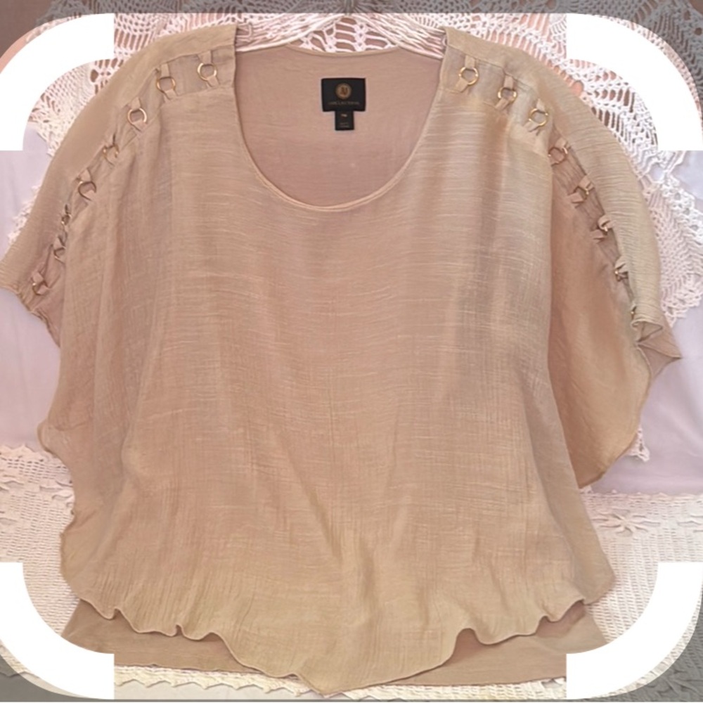 JM Collection Beige Layered Tank O-Ring Detail Sleeves Gauzy Top Blouse Sz PM - Picture 11 of 12